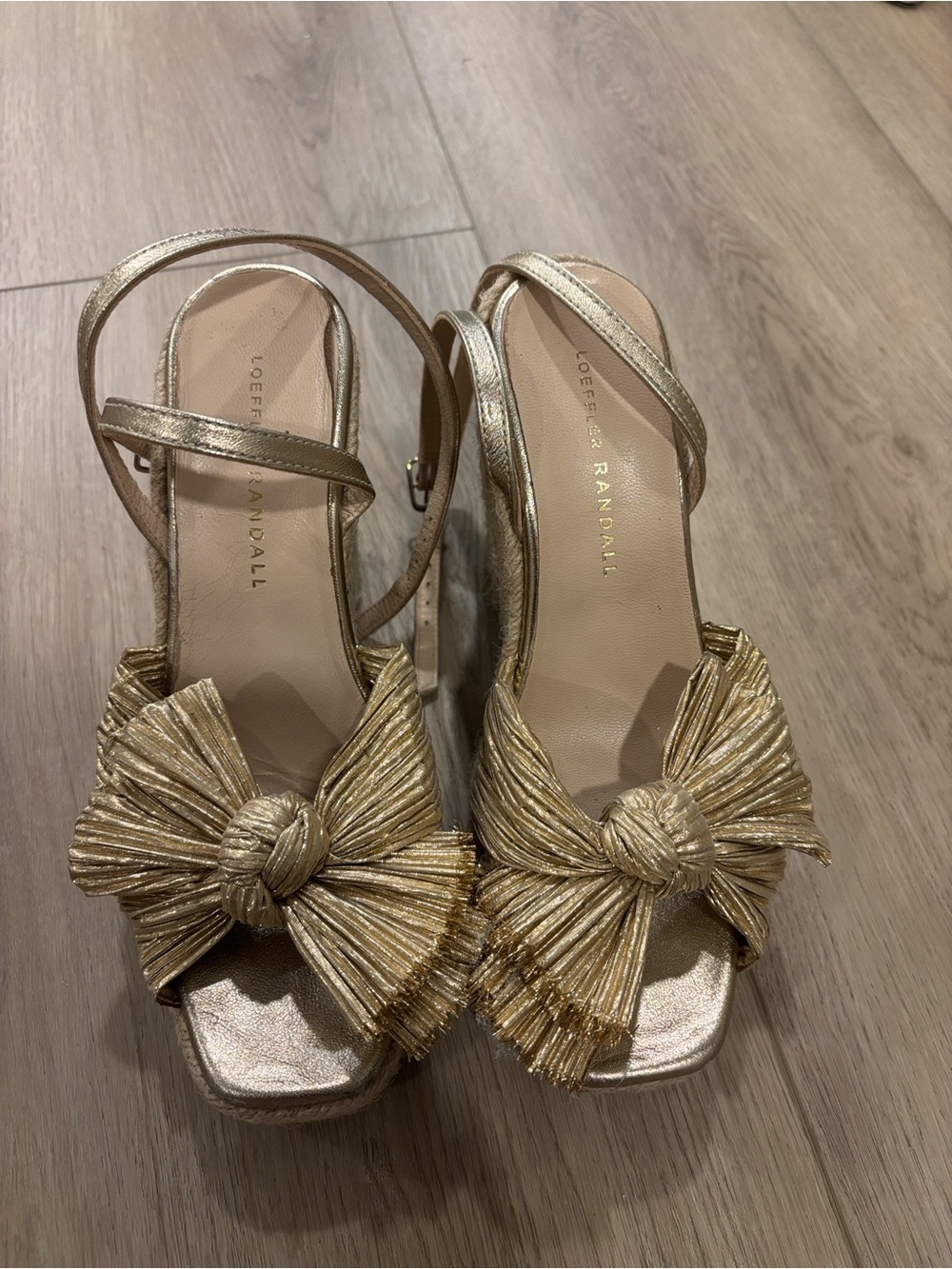 Loeffler Randall Metallic Gold Knot-Front Heeled Sandals